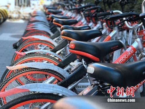 清一色的摩拜單車(chē)整齊擺放。<a target='_blank' href='http://www.chinanews.com/' >中新網(wǎng)</a> 吳濤 攝